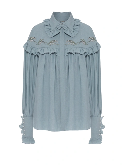 Голубая хлопковая блузка с рюшами и вышивкой, 1