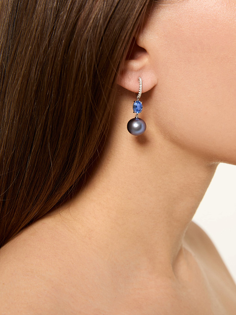 Серьги из белого золота с сапфирами и черным жемчугом    , 2