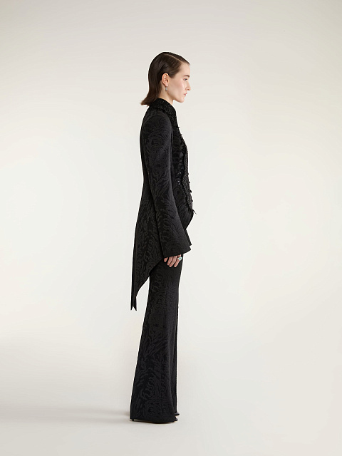 Черный костюм-тройка из жаккарда с кружевом и перьями, 5