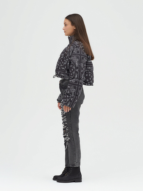 Черный укороченный пуховик с узором «пейсли», 13