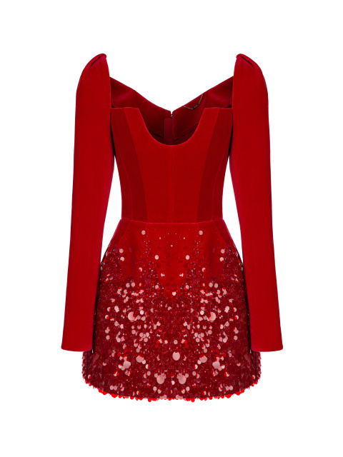 Красное платье-мини из бархата с пайетками, 1