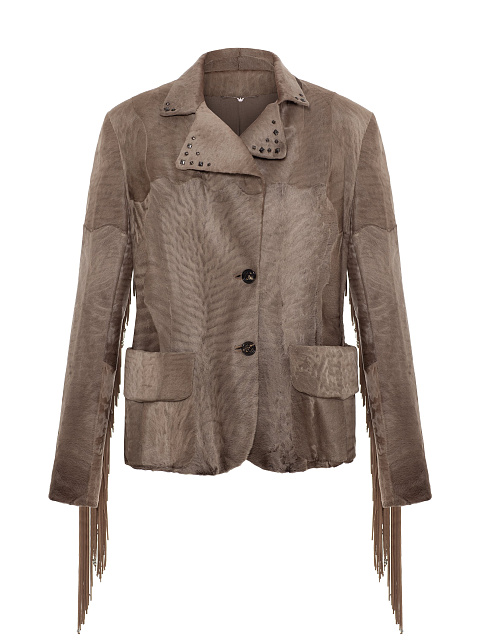 Коричневый жакет из каракуля с бахромой, 1