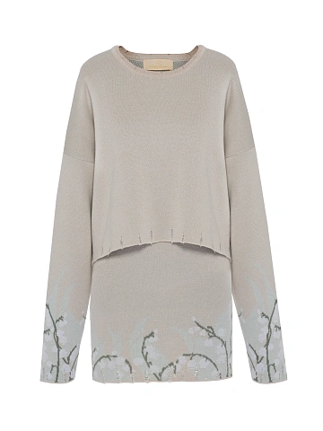 Бежевый вязаный комплект из свитера и юбки-мини с ландышами, 1