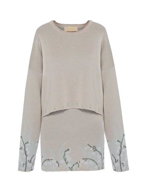 Бежевый вязаный комплект из свитера и юбки-мини с ландышами, 1