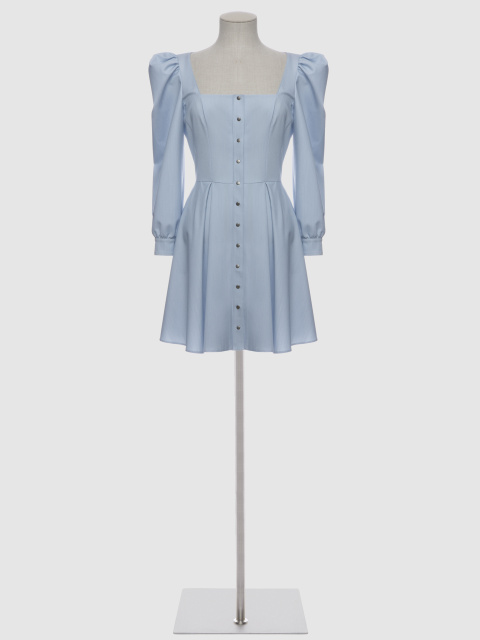 Платье из голубого хлопка, отрезная талия, квадратный вырез, карманы, планка,складки, 1