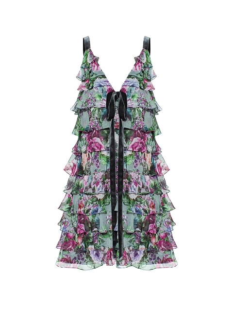 Зеленое платье-мини из шифона с цветочным принтом и воланами, 1 Зеленое платье-мини из шифона с цветочным принтом и воланами, 1