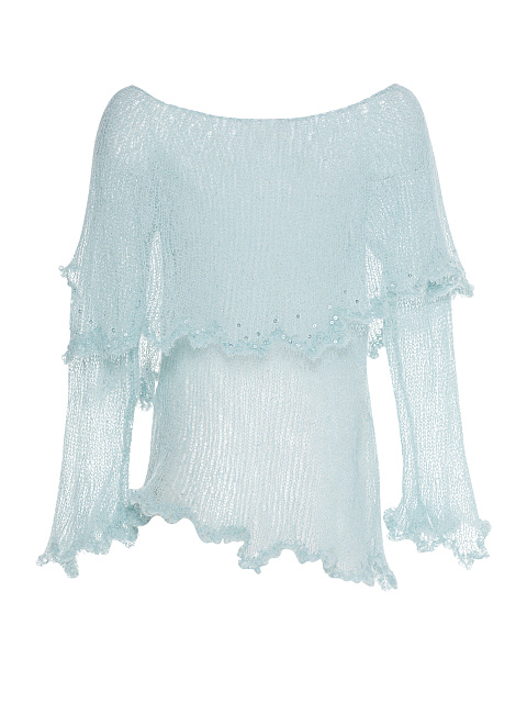 Голубой свитер из мохера с открытыми плечами, 2