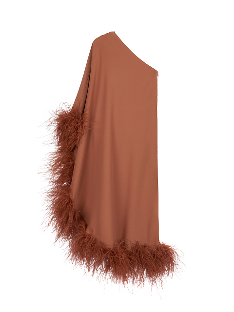 Коричневое асимметричное платье-миди с боа, 2 Коричневое асимметричное платье-миди с боа, 2