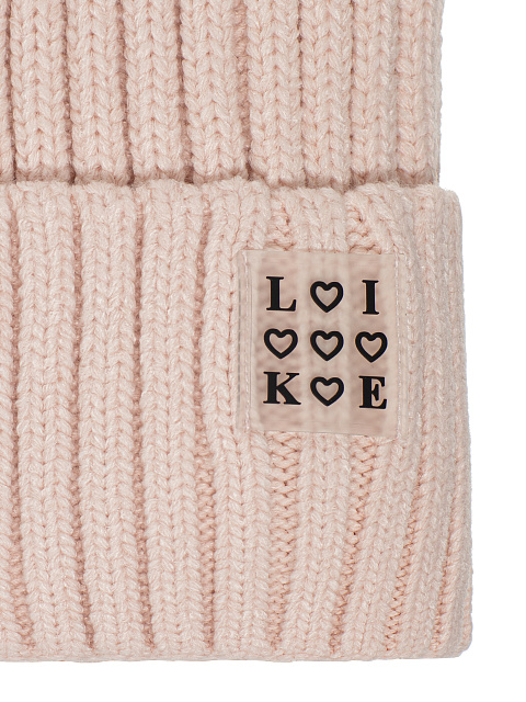 Светло-розовая вязаная шапка с нашивкой Like, 2 Светло-розовая вязаная шапка с нашивкой Like, 2