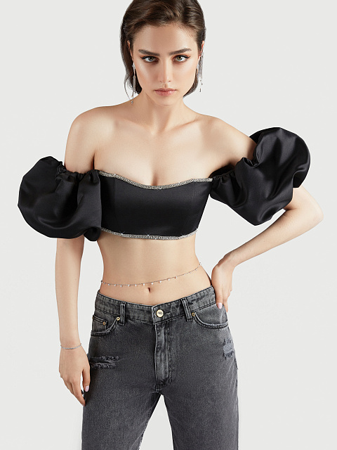 Черный атласный топ с рукавами-фонариками и стразами, 6