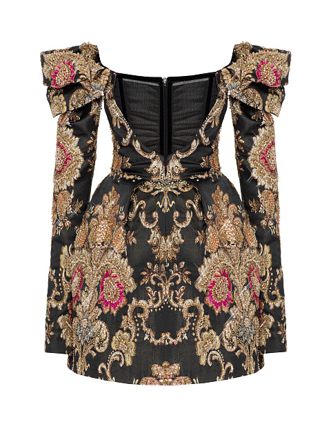 Черное платье-мини из парчи с золотым узором и пайетками, 3