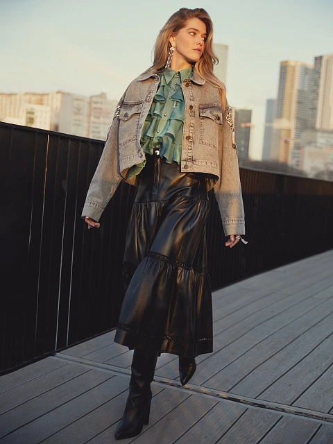 Черная кожаная юбка с кружевом, 3