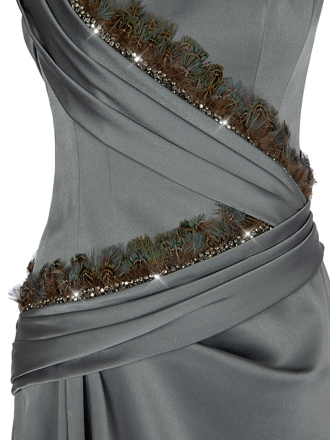 Серое шелковое платье-макси с перьями, 3
