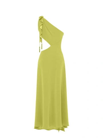 Салатовое асимметричное платье-миди из шелка, 2