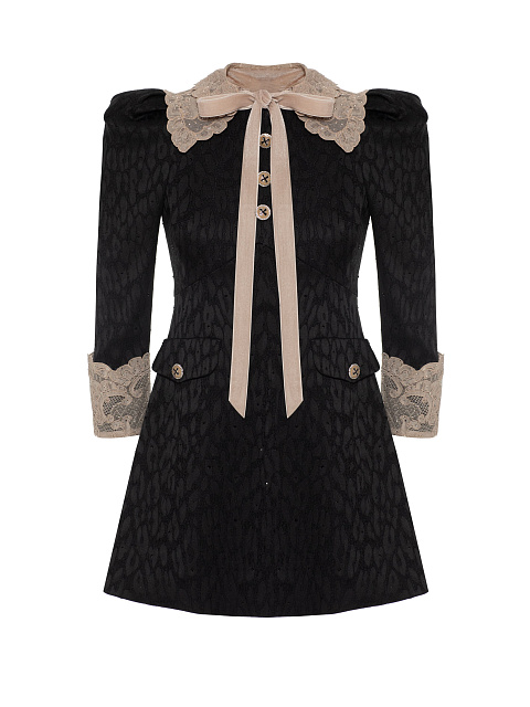 Черное детское платье из жаккарда с воротником и манжетами из кружева, 1