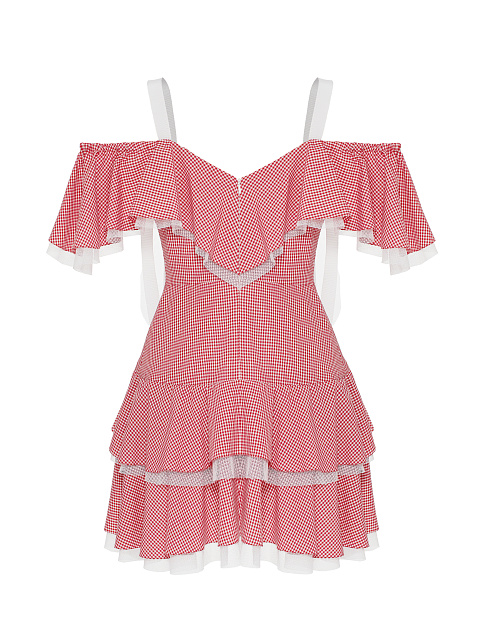 Красное платье-мини из хлопка в клетку, 2