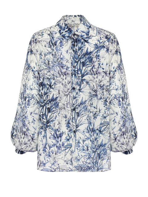 Белая блузка из шелка с синим цветочным принтом, 1