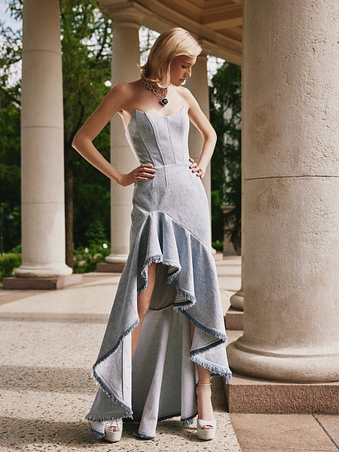 Голубое платье-макси из денима с асимметричным подолом, 4