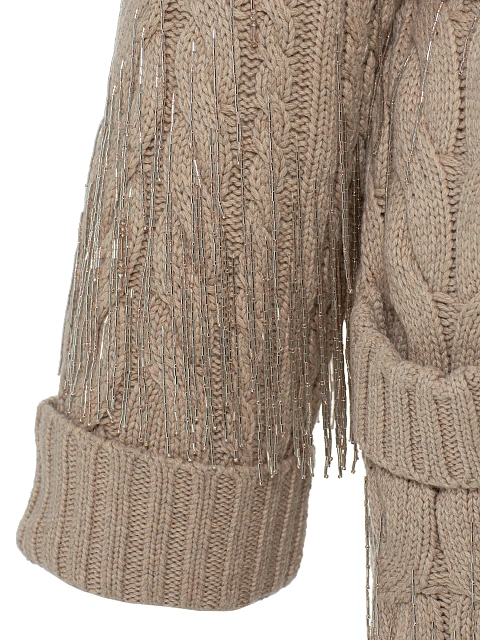 Бежевое вязаное пальто с бахромой из бисера, 5