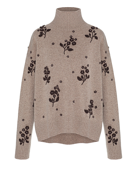 Бежевый свитер из кашемира с цветочной вышивкой, 1 Бежевый свитер из кашемира с цветочной вышивкой, 1