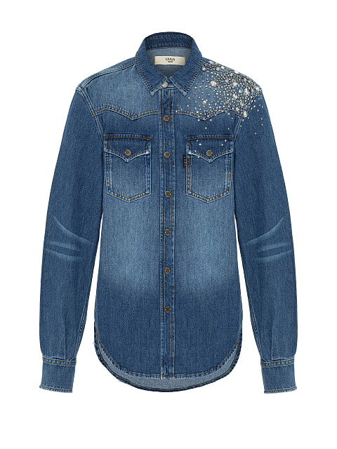 Синяя джинсовая рубашка с вышивкой кристаллами, 1
