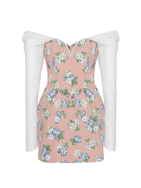 Розовое платье-мини из хлопка с цветочным принтом и кружева, 1