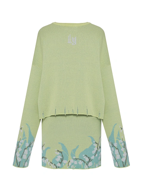 Салатовый вязаный комплект из свитера и юбки-мини с ландышами, 2 Салатовый вязаный комплект из свитера и юбки-мини с ландышами, 2