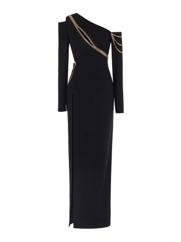 Черное асимметричное платье-макси с цепями, 1