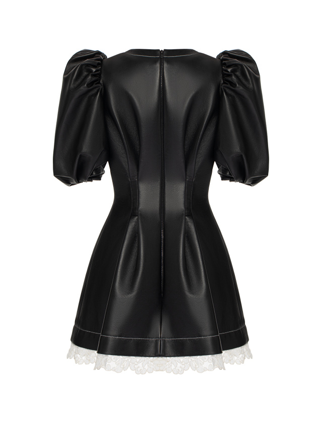 Черное платье-мини из кожи с белым кружевом, 2