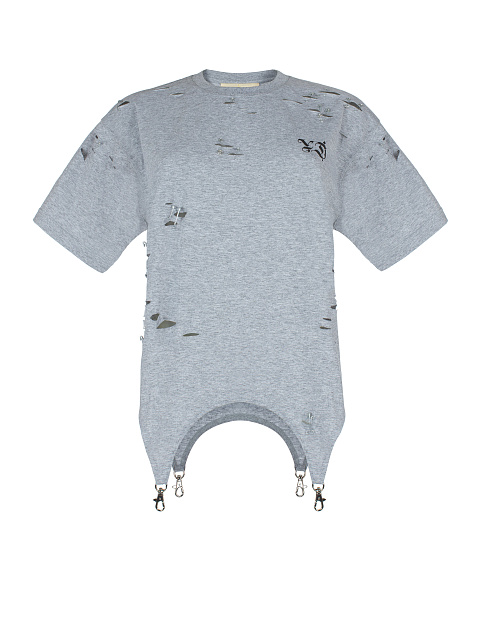 Светло-серая хлопковая футболка с фигурным низом, 1