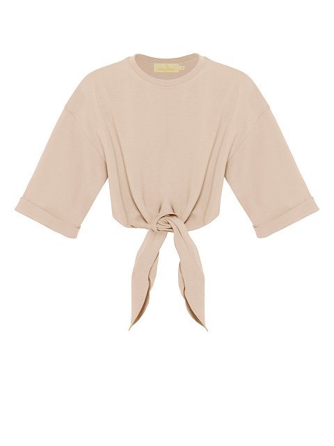 Светло-бежевая укороченная футболка с узлом, 1 Светло-бежевая укороченная футболка с узлом, 1