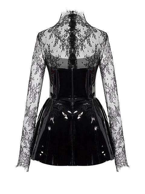 Черное платье-мини из лакированной кожи и кружева, 3