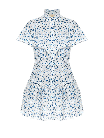 Белое платье-мини из хлопка с синим цветочным принтом, 1