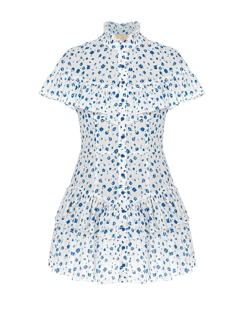 Белое платье-мини из хлопка с синим цветочным принтом, 1