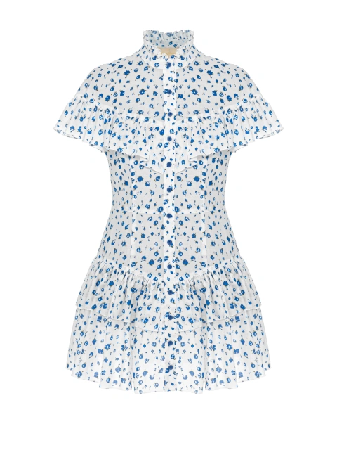 Белое платье-мини из хлопка с синим цветочным принтом, 1