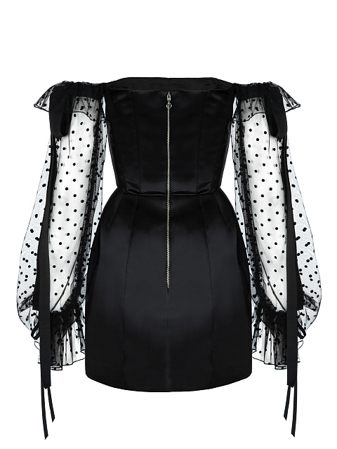 Черное платье-мини с объемными рукавами из сетки, 2