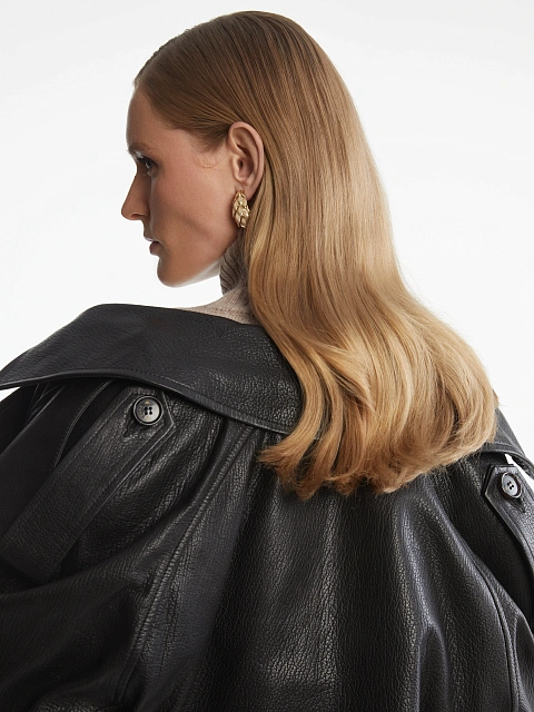 Черный двубортный тренч из фактурной кожи, 13