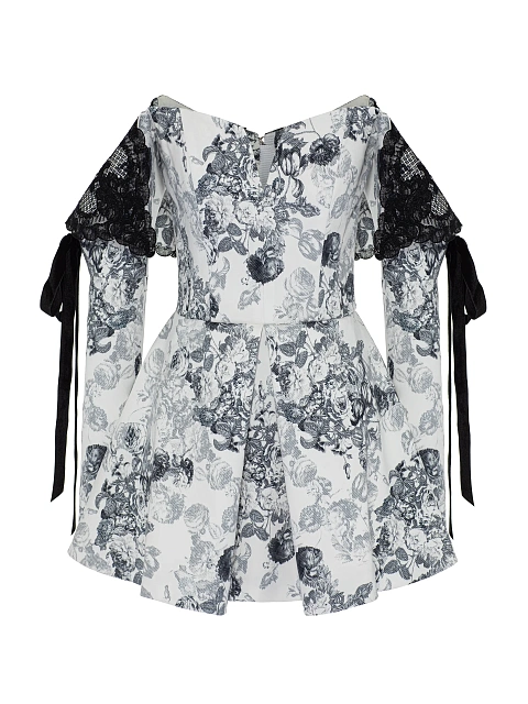 Белое платье-мини из хлопка с принтом и черным кружевом, 1