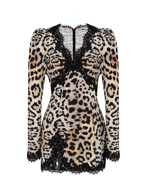 Леопардовое платье-мини с черным кружевом, 1