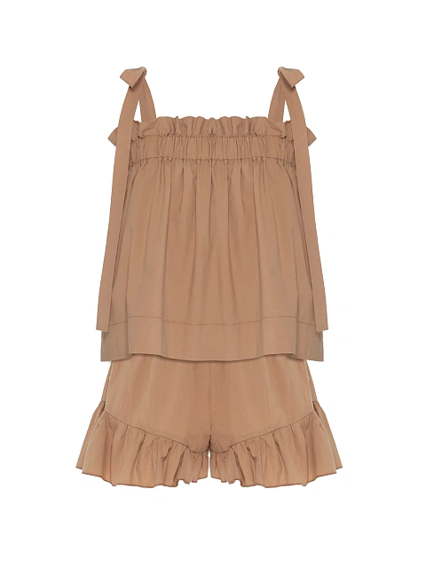 Коричневый комплект из топа на завязках и шорт с рюшами, 1