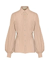 Блуза из бежевого хлопка шитье приталенная, объемный рукав, пуговицы Блуза из бежевого хлопка шитье приталенная, объемный рукав, пуговицы