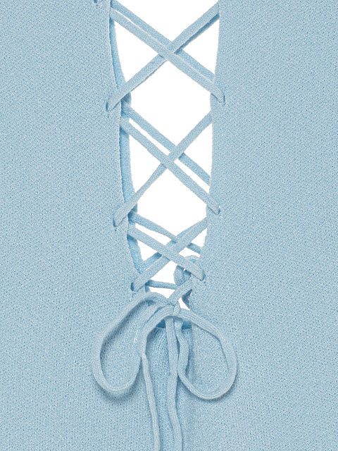 Голубое трикотажное платье-миди с вырезами и шнуровкой, 3