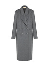 Пальто серого цвета с фигурными лацканом, двубортное, карманы, шлица