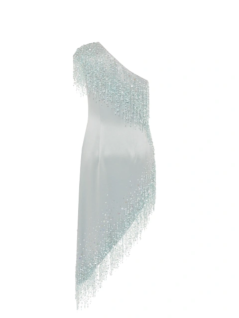 Серое платье-мини из шелка с бахромой из голубых пайеток и страз, 2