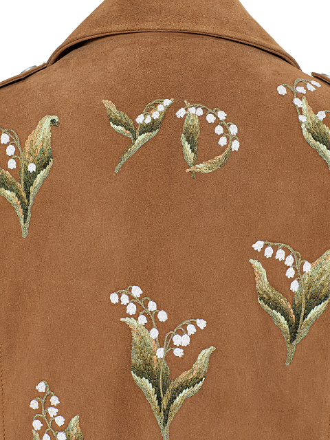 Укороченная коричневая косуха из замши с вышивкой в виде ландышей, 4