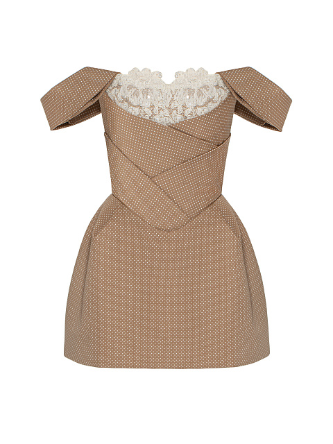Бежевое платье-мини из хлопка в горошек, 1