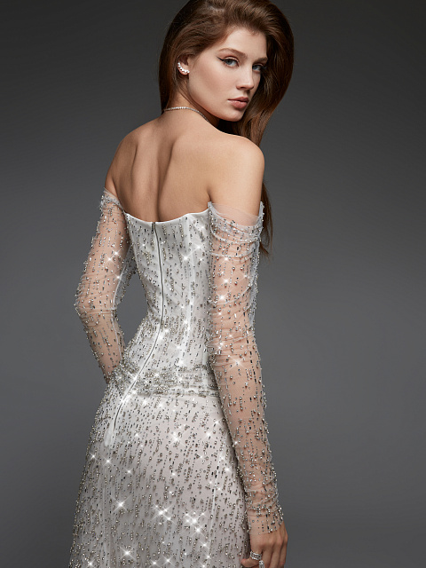 Белое корсетное платье из сетки расшитое камнями Swarovski, 9