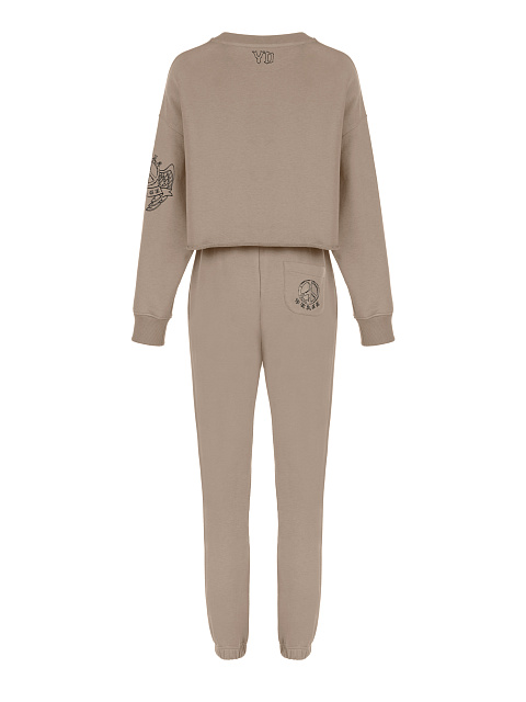 Бежевый трикотажный костюм с укороченной толстовкой, 2