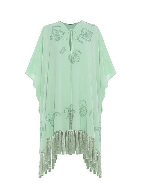 Зеленая туника из шифона с вышивкой и бахромой, 1