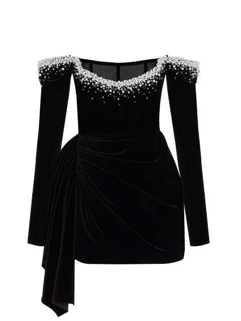 Черное платье-мини из бархата с асимметричной драпировкой, 1